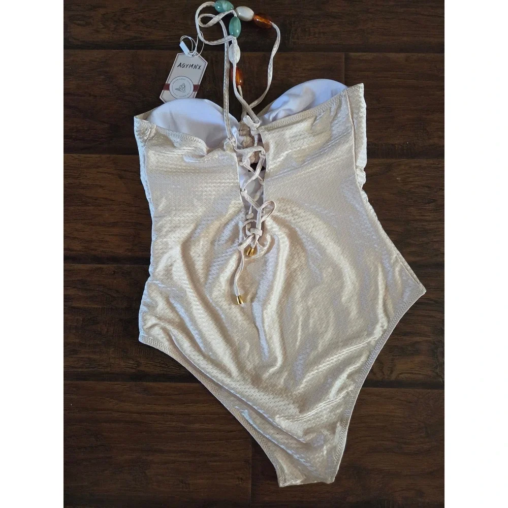 Resin beads halter neck texture swimsuit in champagne size L‎